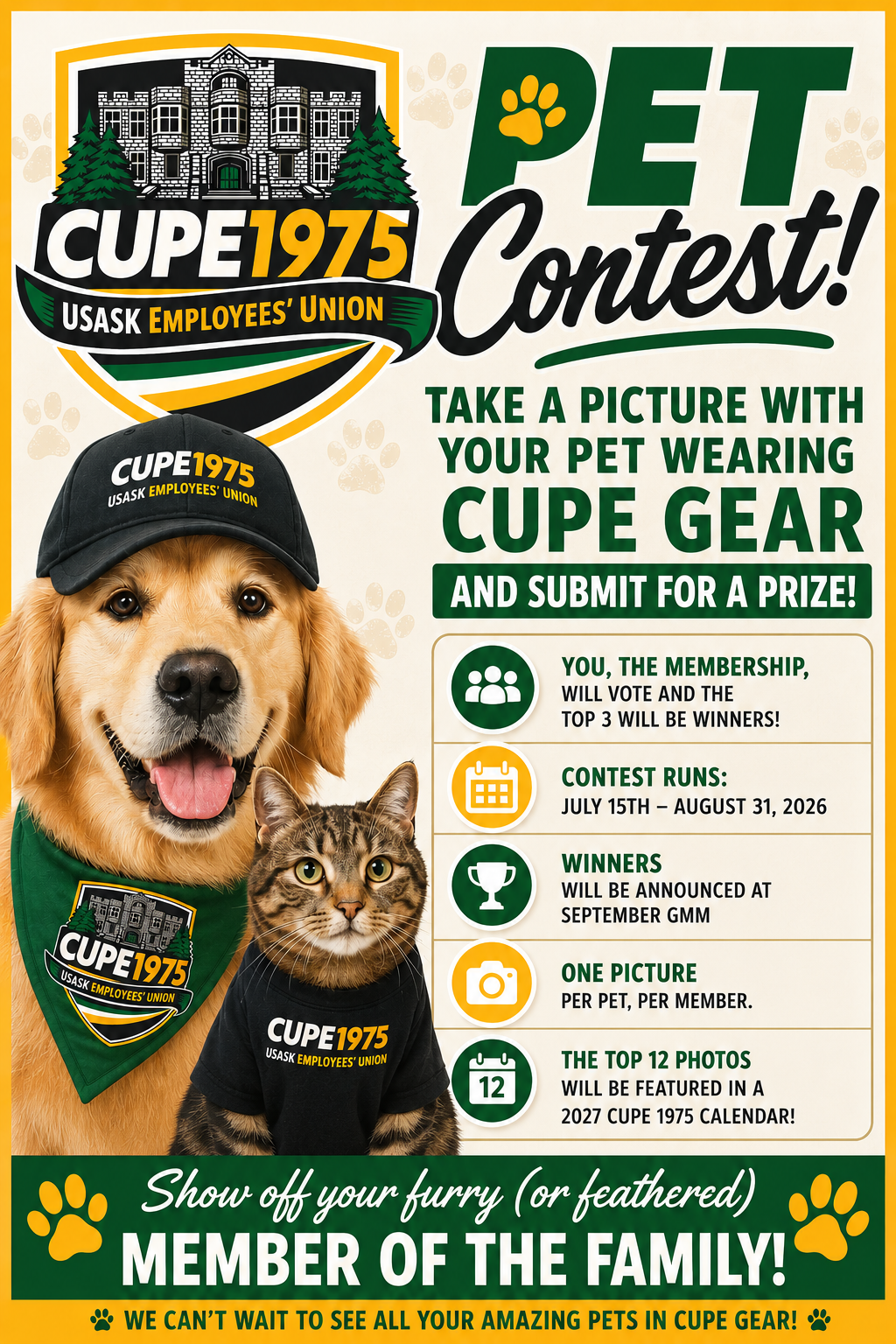 CUPE 1975 Pet Contest! Take a picture with your pet wearing CUPE Gear and submit for a prize!